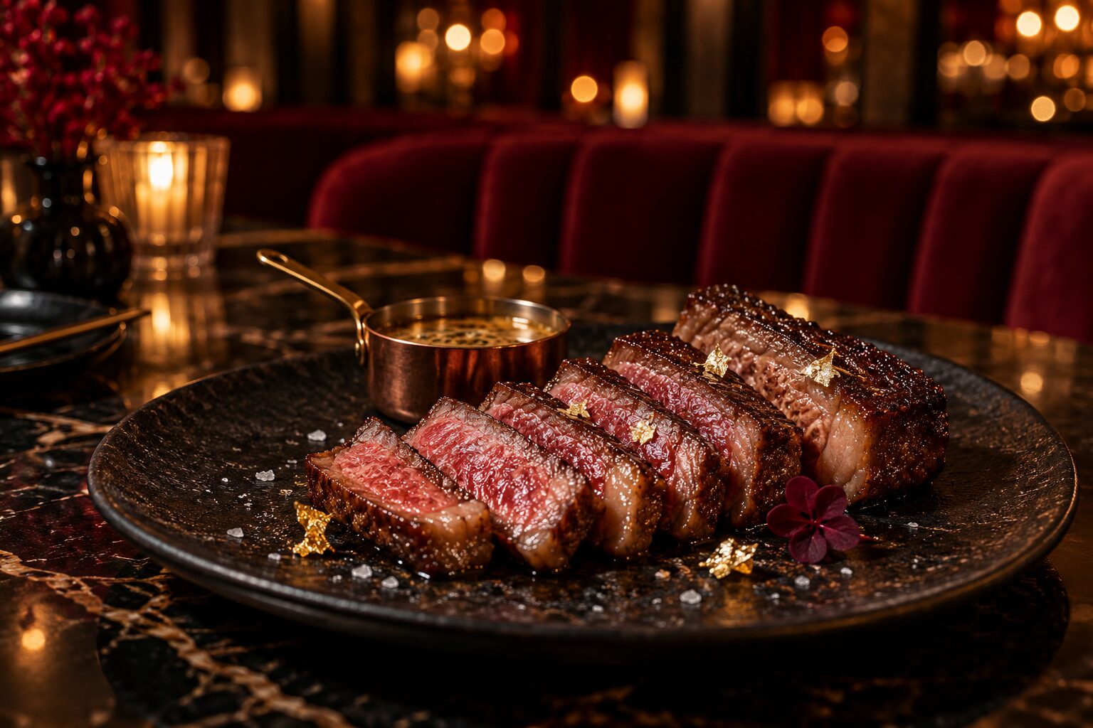Tranchiertes A5-Wagyu-Ribeye auf schwarzem Stein mit Nussbutter und Blattgold